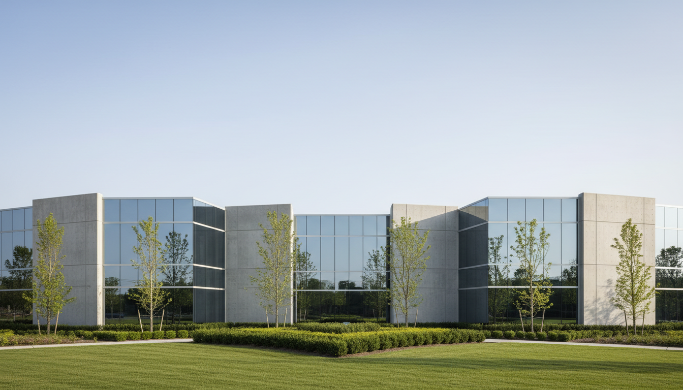 A modern commercial building exterior featuring a mix of sleek glass panels and brushed concrete surfaces, meticulously maintained with sharp, defined architectural lines. The structure stands amidst manicured landscaping and precisely trimmed bushes, set against a backdrop of a clear sky. The scene is bathed in crisp, diffused daylight, producing subtle reflections on the glass and gentle shadows against the building’s neutral grey facade. The mood is sophisticated and professional, evoking a sense of trust and reliability. Captured from a slightly elevated, wide-angle perspective to emphasize scale and structure, with clean photographic realism and a balanced, corporate composition suitable for showcasing commercial construction expertise.
